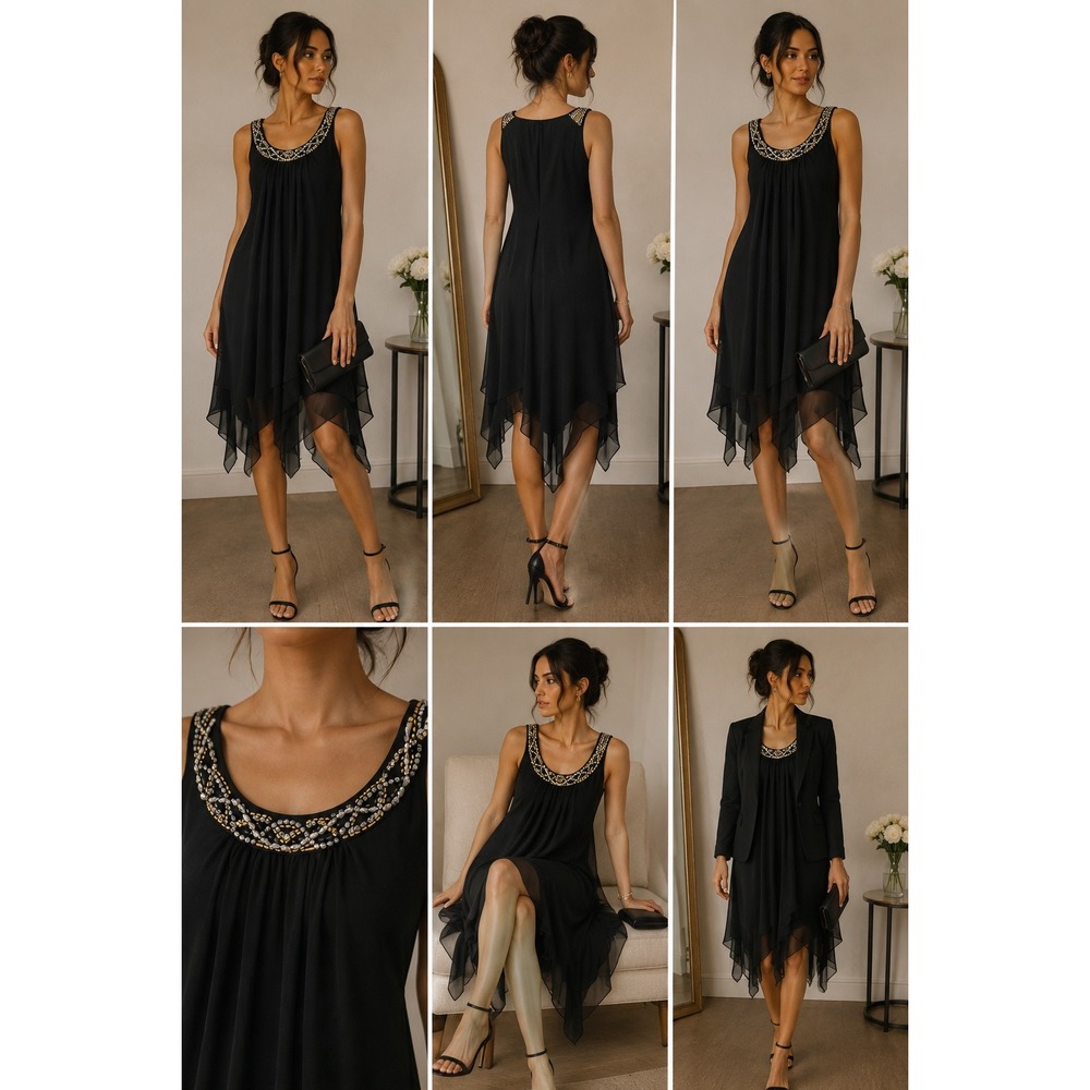 SLNY Black Chiffon Tiered Handkerchief Hem Beaded Neck Dress 6 118834